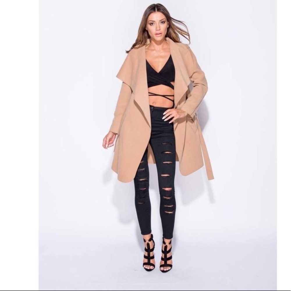 Simplee NWT!Camel Oversized Belted Waterfall Coat